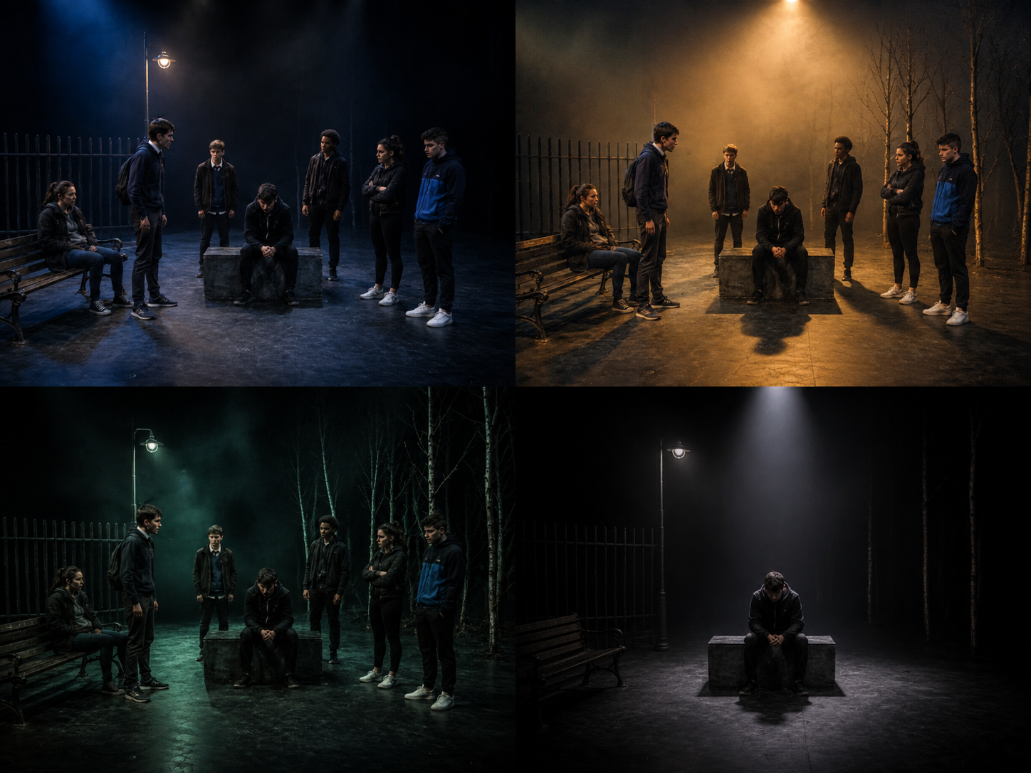 Four-panel visual showing the same DNA stage picture under different lighting moods: cold blue, harsh amber, sickly green and isolating white.