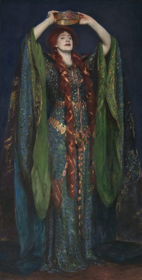 John Singer Sargent’s 1889 painting of Ellen Terry as Lady Macbeth, wearing an elaborate green costume and holding a crown above her head.