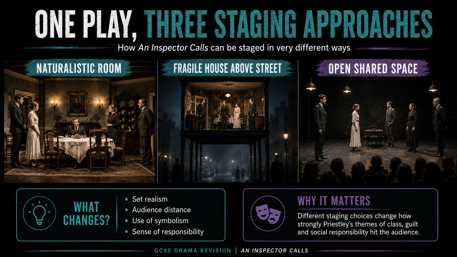Stark Drama staging poster for An Inspector Calls comparing a naturalistic room, a fragile house above a public street and an open shared stage, with practical stage constraints.