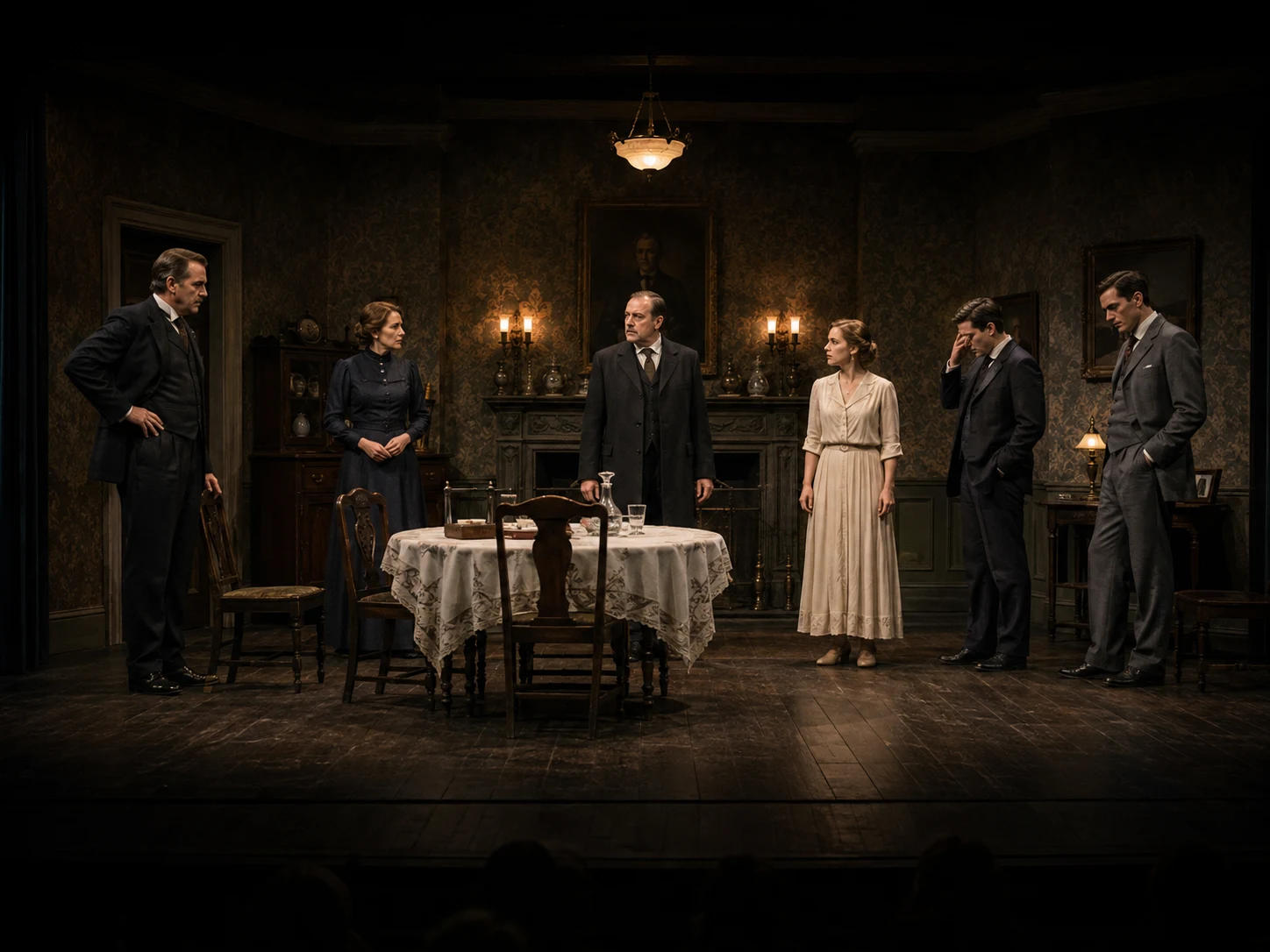A staged confrontation image from An Inspector Calls showing the family and Inspector Goole spread around the dining room in tense positions.