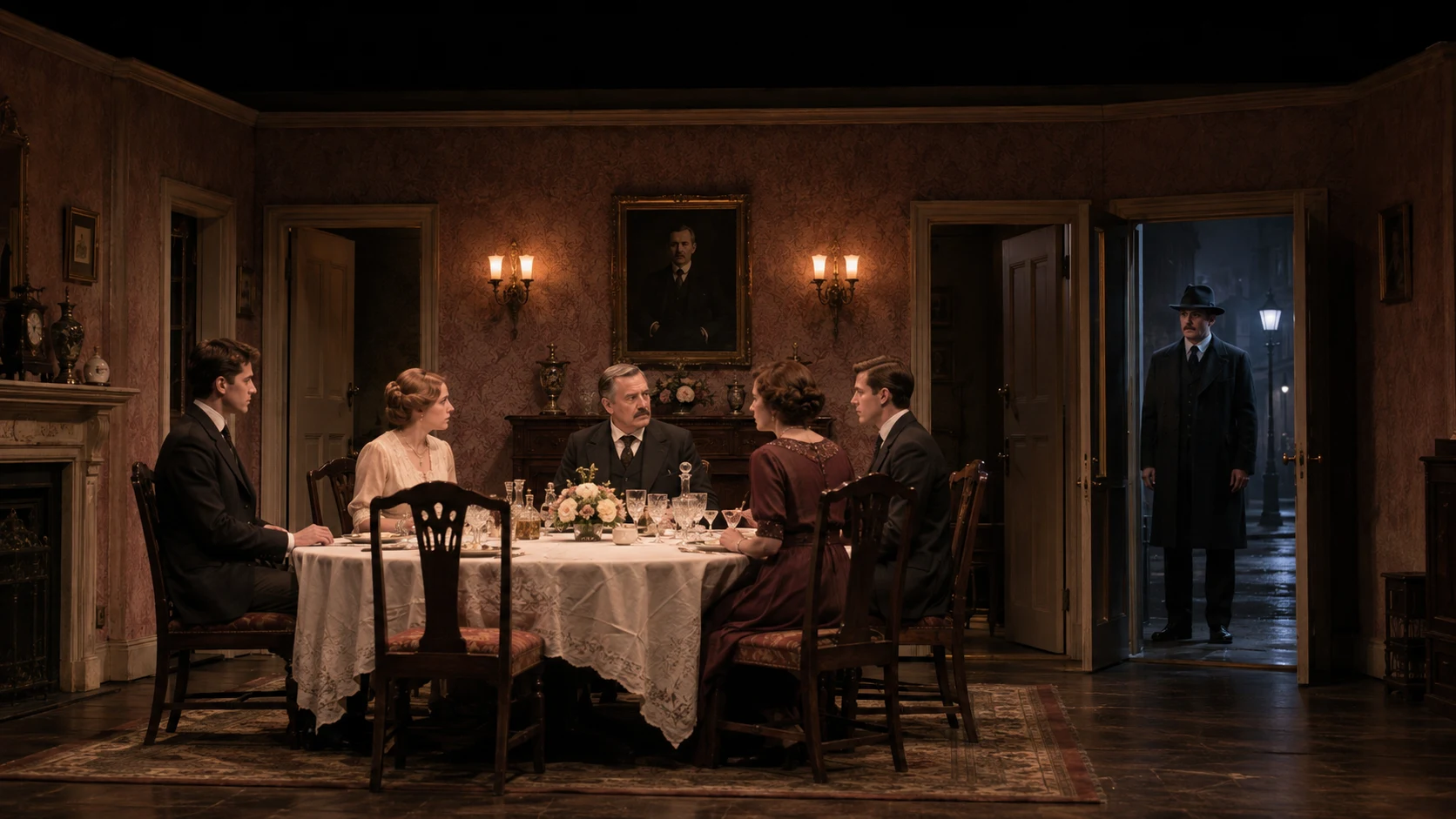 A dramatic staged image of the Birling family at dinner as Inspector Goole arrives at the doorway, showing the safe Edwardian interior disrupted by the outside world.