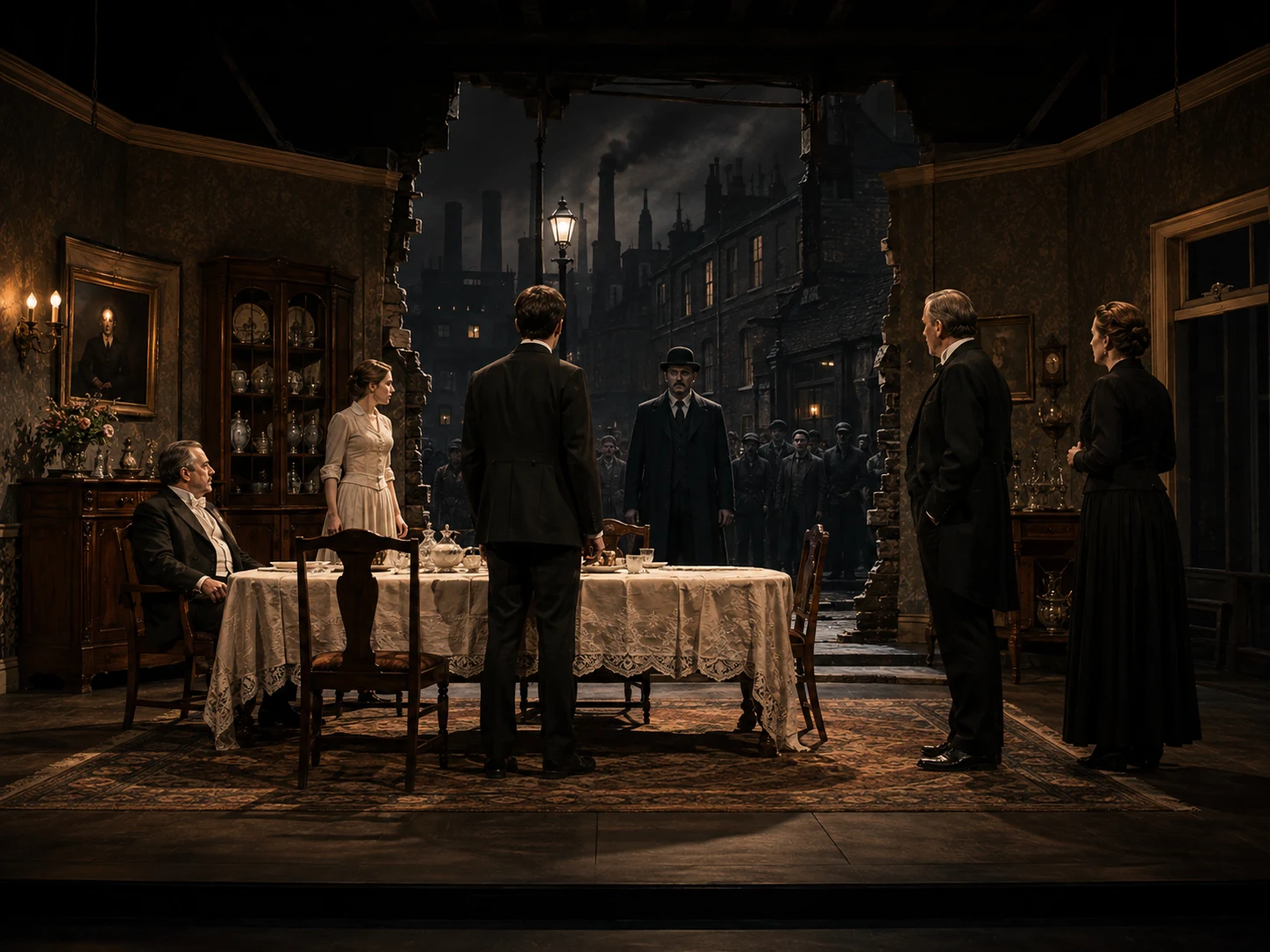 A staged themes image for An Inspector Calls showing the warm Birling dining room opened up to the darker industrial world outside while the Inspector confronts the family.