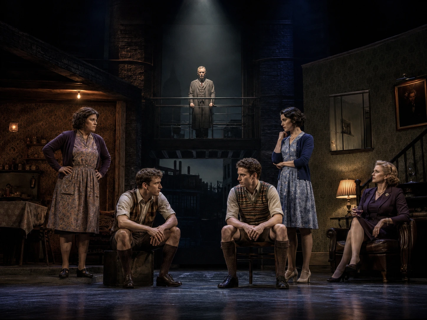 A staged Blood Brothers tableau with the mothers, the boys and other characters separated by class while the Narrator watches from above.