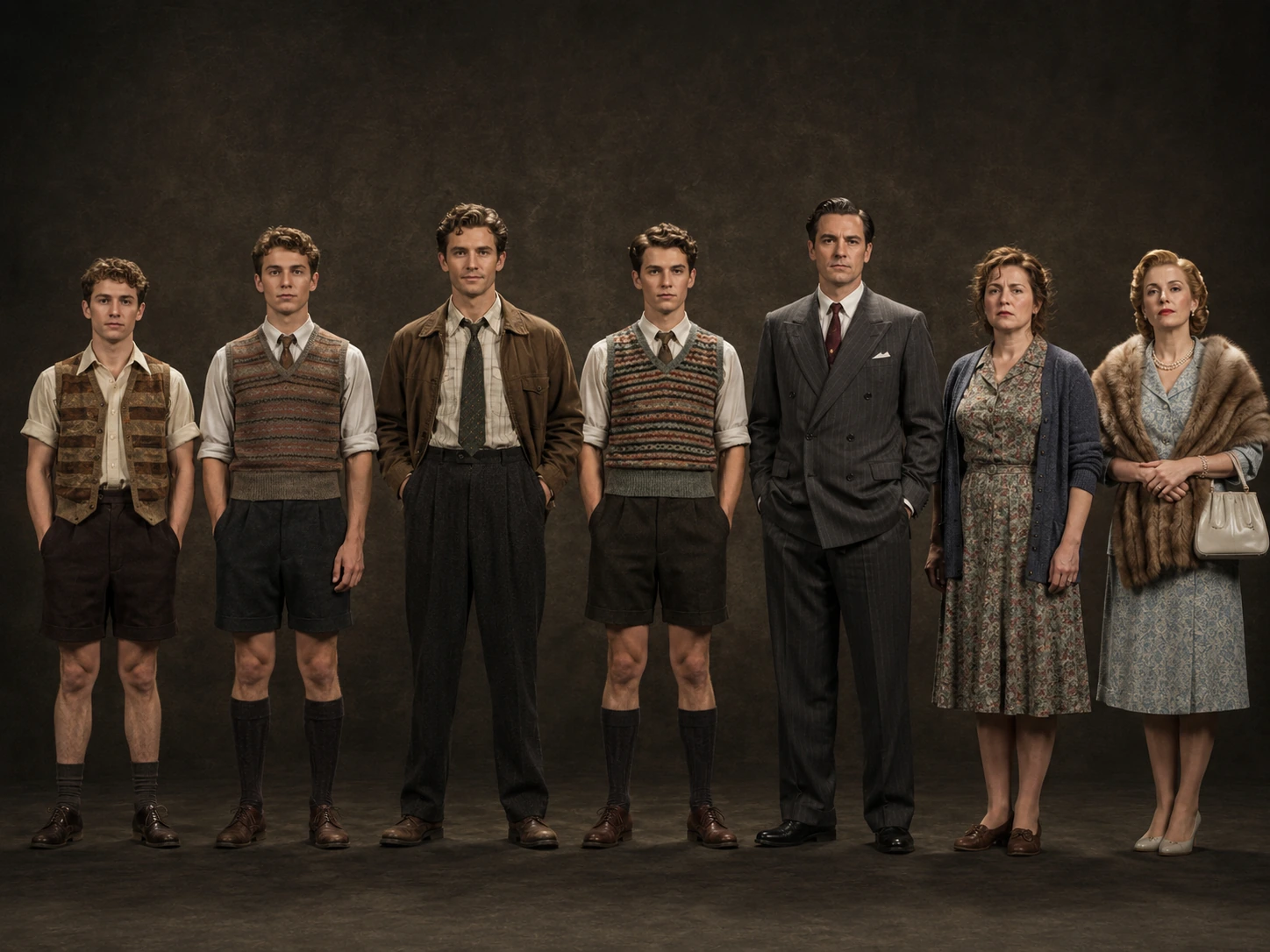 A Blood Brothers costume reference showing Mickey and Edward across different ages alongside Mrs Johnstone and Mrs Lyons.