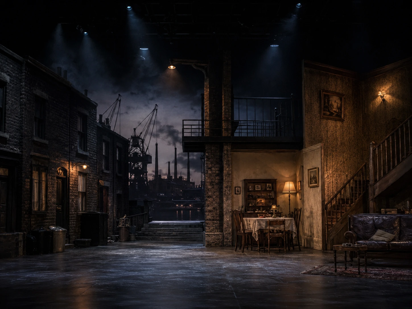 A practical split-stage Blood Brothers set showing a worn Johnstone home, a more comfortable Lyons home, a central shared playing space and an elevated Narrator position.