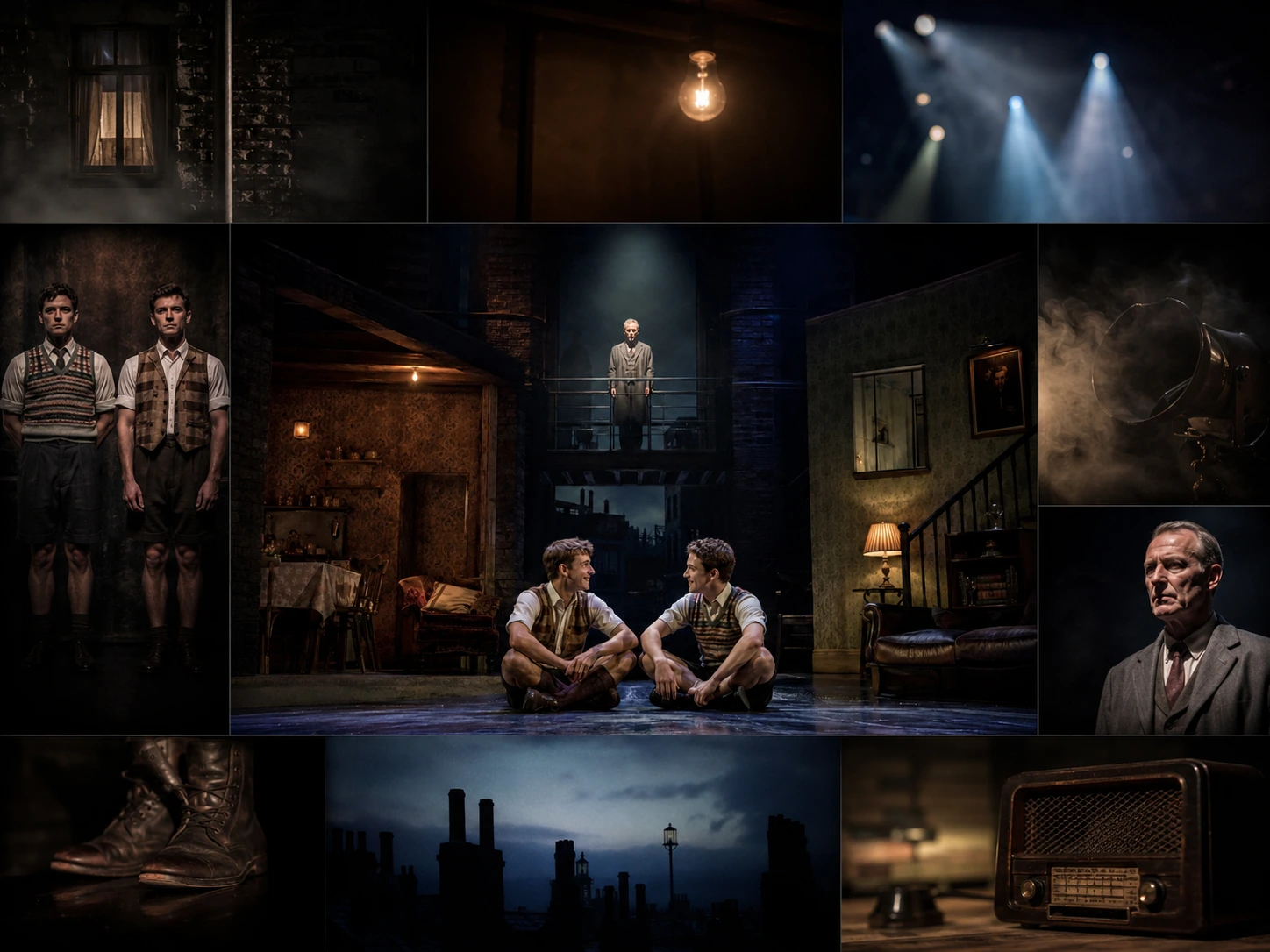 A Blood Brothers sound design teaching visual linking the Narrator and song motif, everyday Liverpool sound, tension underscoring and the tragic final sound sequence.