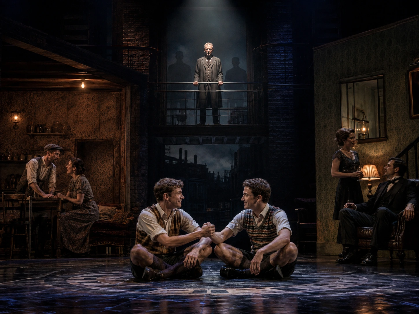 A Blood Brothers themes teaching board linking class and inequality, fate, nature versus nurture, friendship and social injustice to stage images.