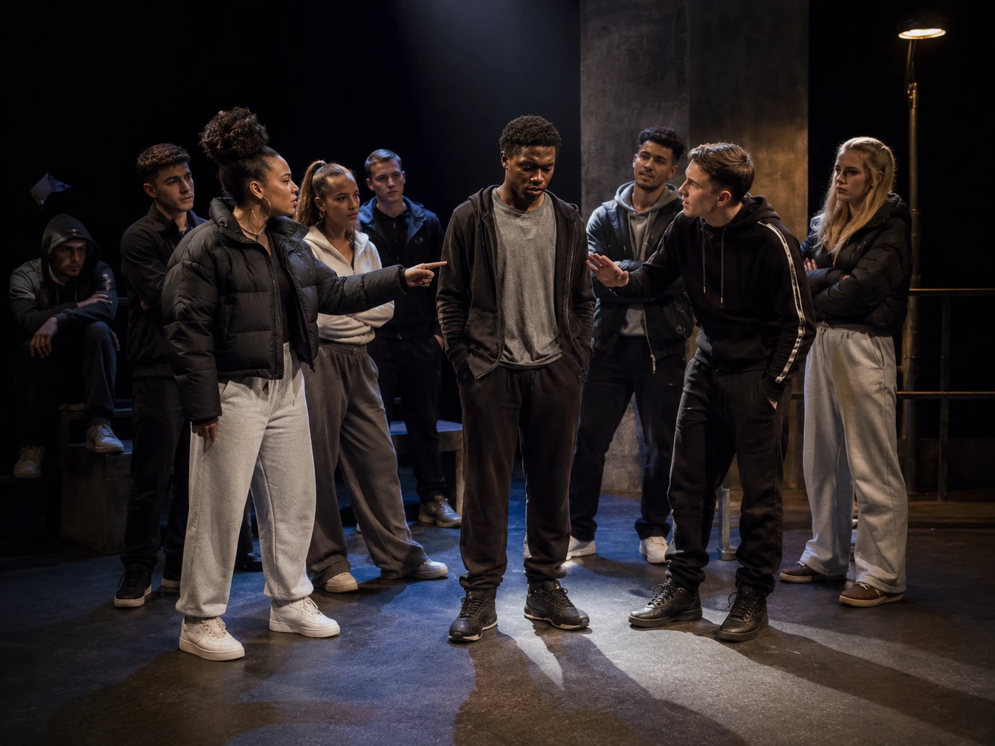 Young adult actors playing the characters in Face surround Martin in a tense ensemble stage picture, showing judgement, pressure and changing status.
