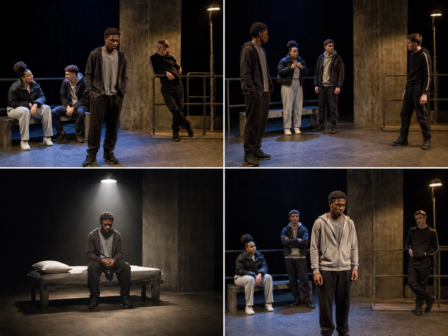 Four staged moments from Face showing group belonging, confrontation, isolated recovery and a later changed Martin.
