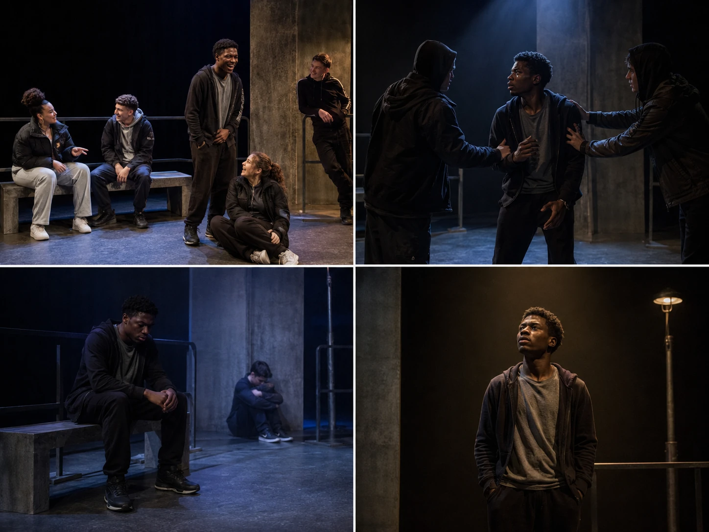 Four staged moments from Face showing a lively social scene, sudden confrontation, quiet recovery and reflective isolation.