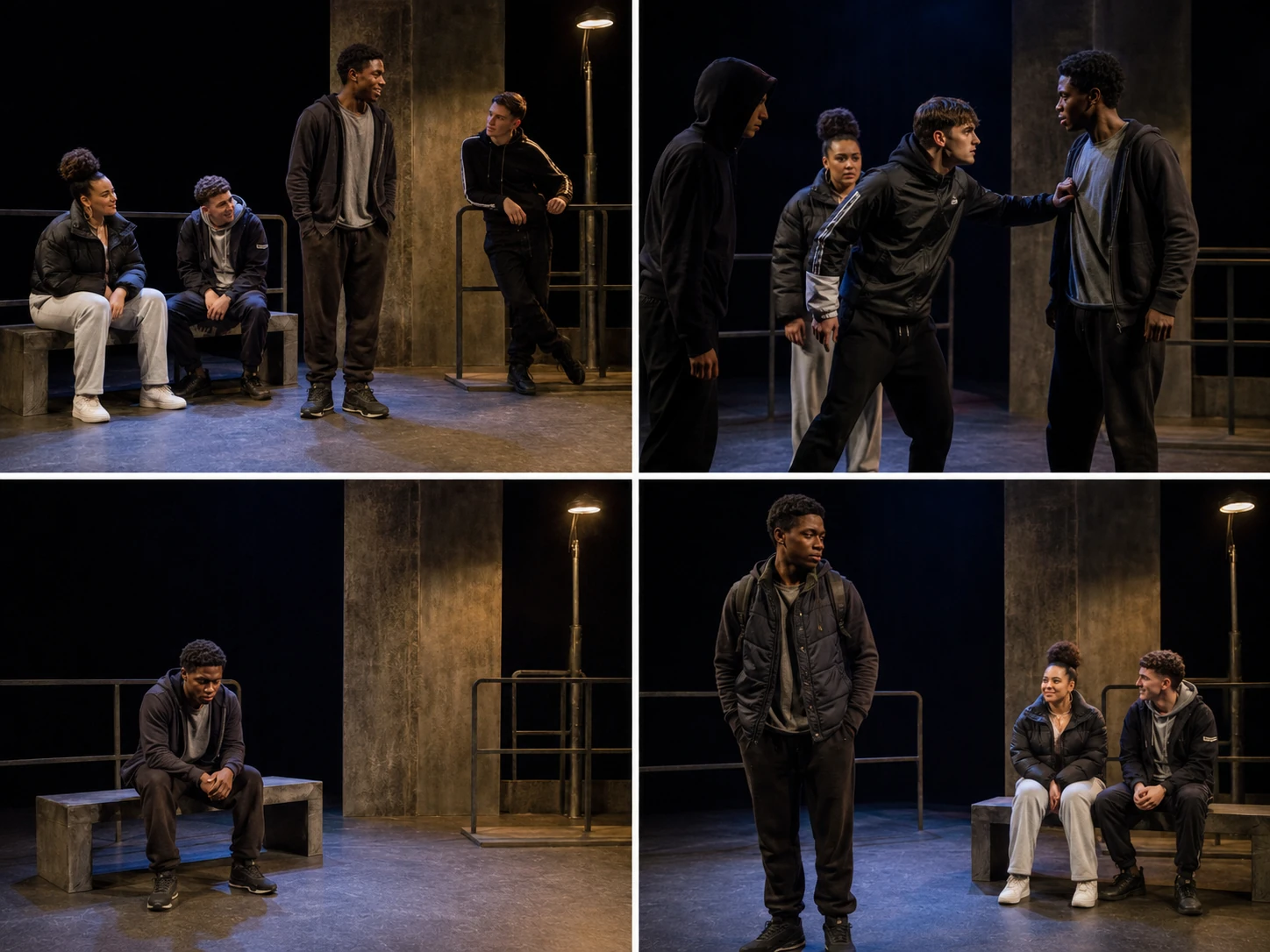 Four theatrical moments from Face showing Martin before the attack, under social pressure, isolated during recovery and beginning to change.