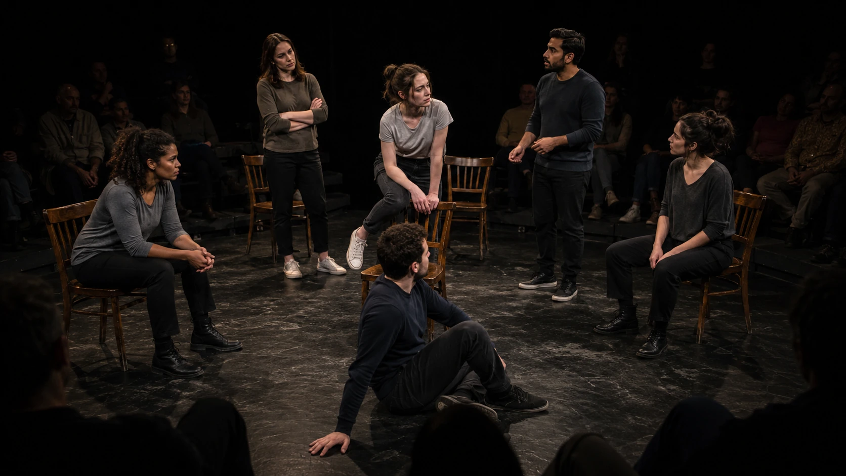 An intimate studio-theatre staging reference for Find Me with six performers, wooden chairs and audience seating close around the acting space.
