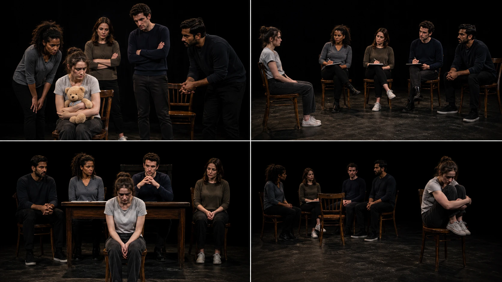 Four live-stage moments from Find Me showing family pressure, professional questioning, formal judgement and Verity isolated within the same black-box space.
