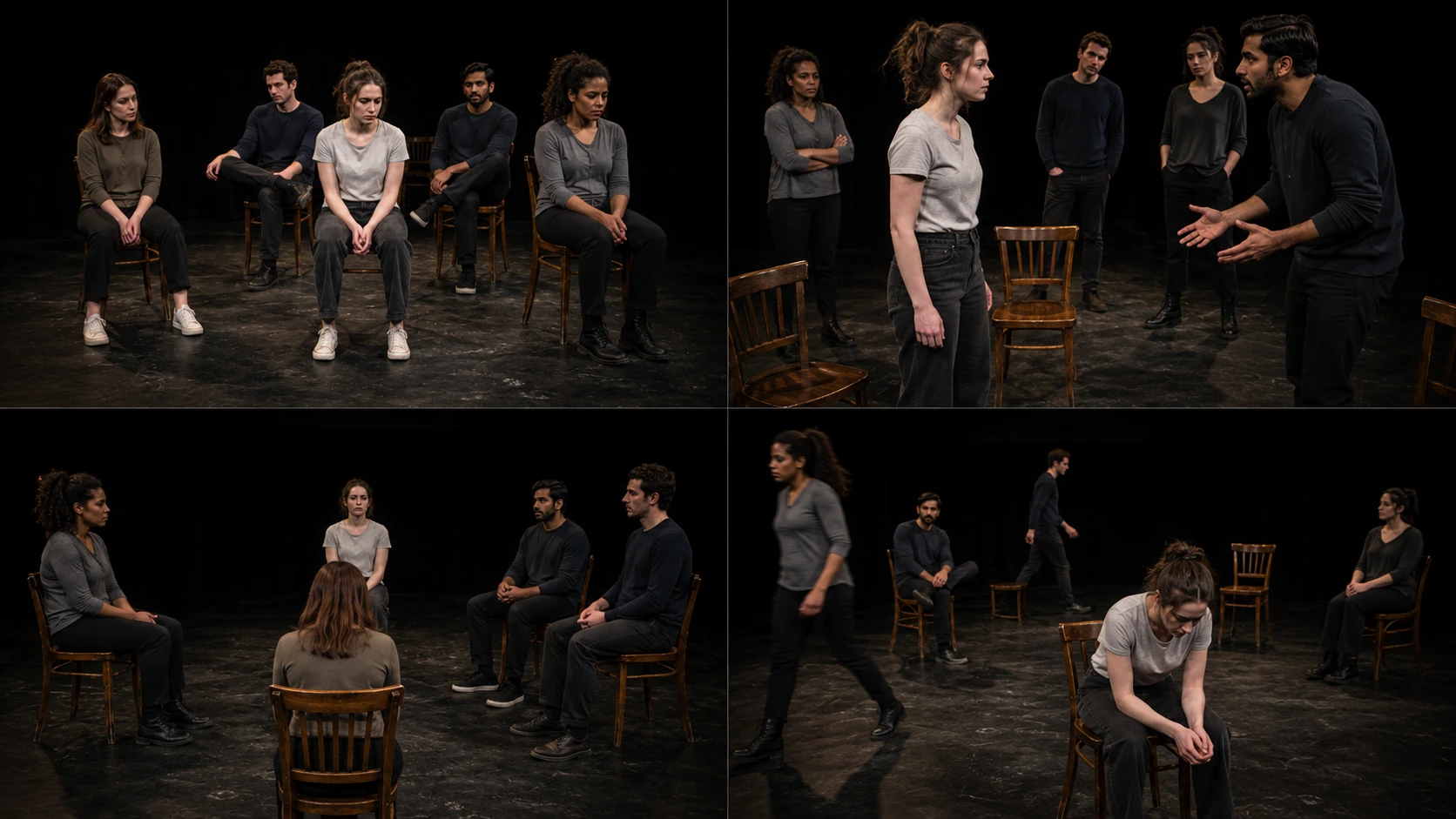 Four black-box stage pictures from Find Me using the same six-person ensemble and wooden chairs to explore stillness, confrontation, separation and rapid transitions.