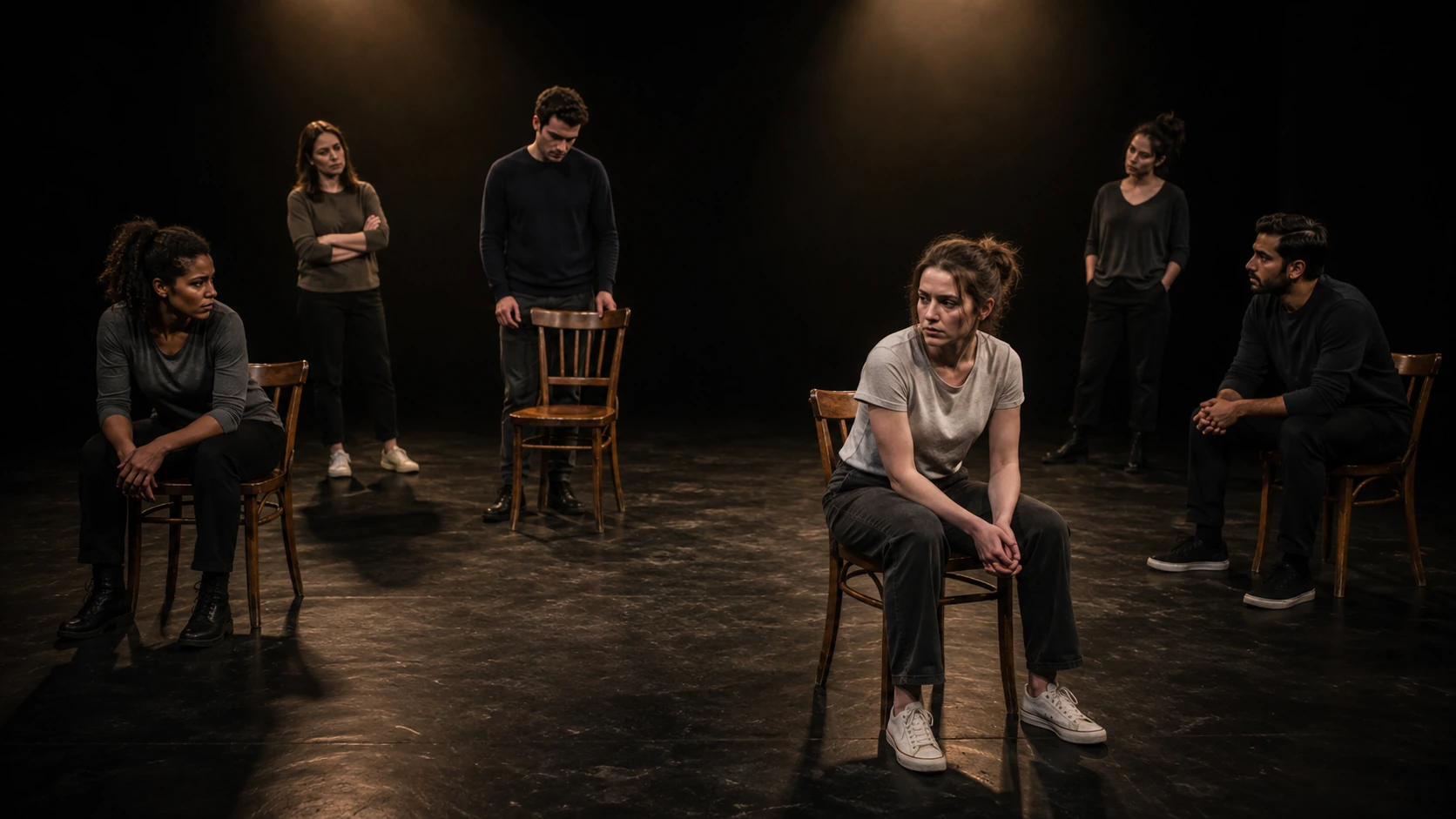 A six-person Find Me ensemble using wooden chairs across an open black-box stage, with wide clear acting space and simple overhead theatre lighting.