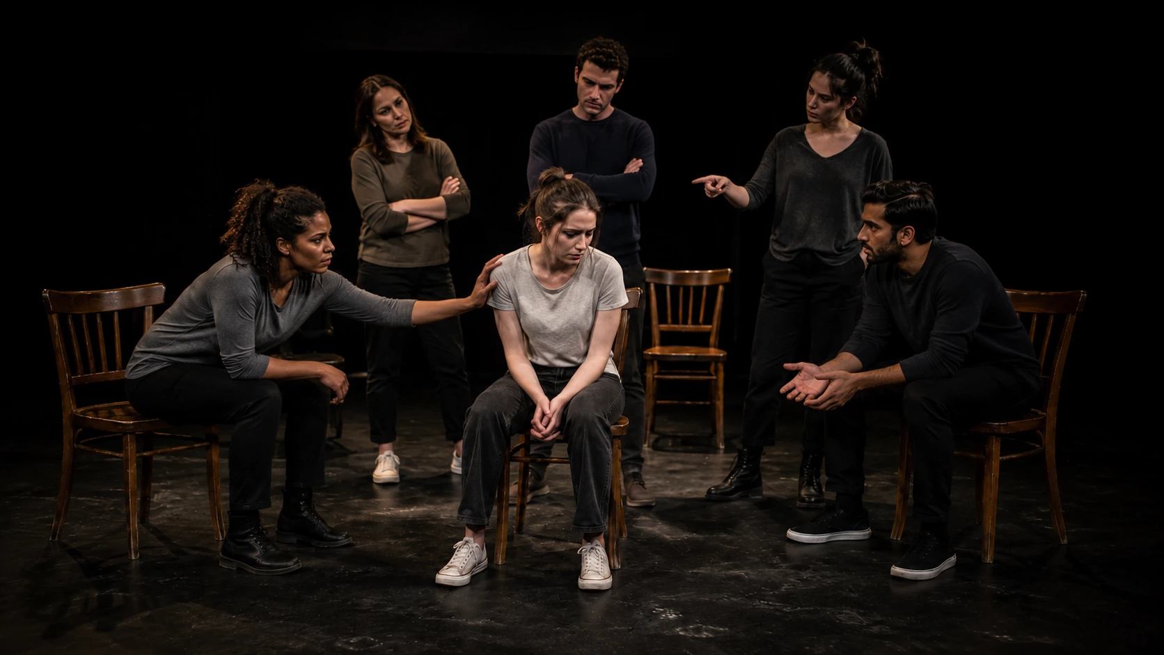 A six-person stage tableau from Find Me in which Verity is surrounded by a mixed ensemble whose physical focus creates pressure around her.