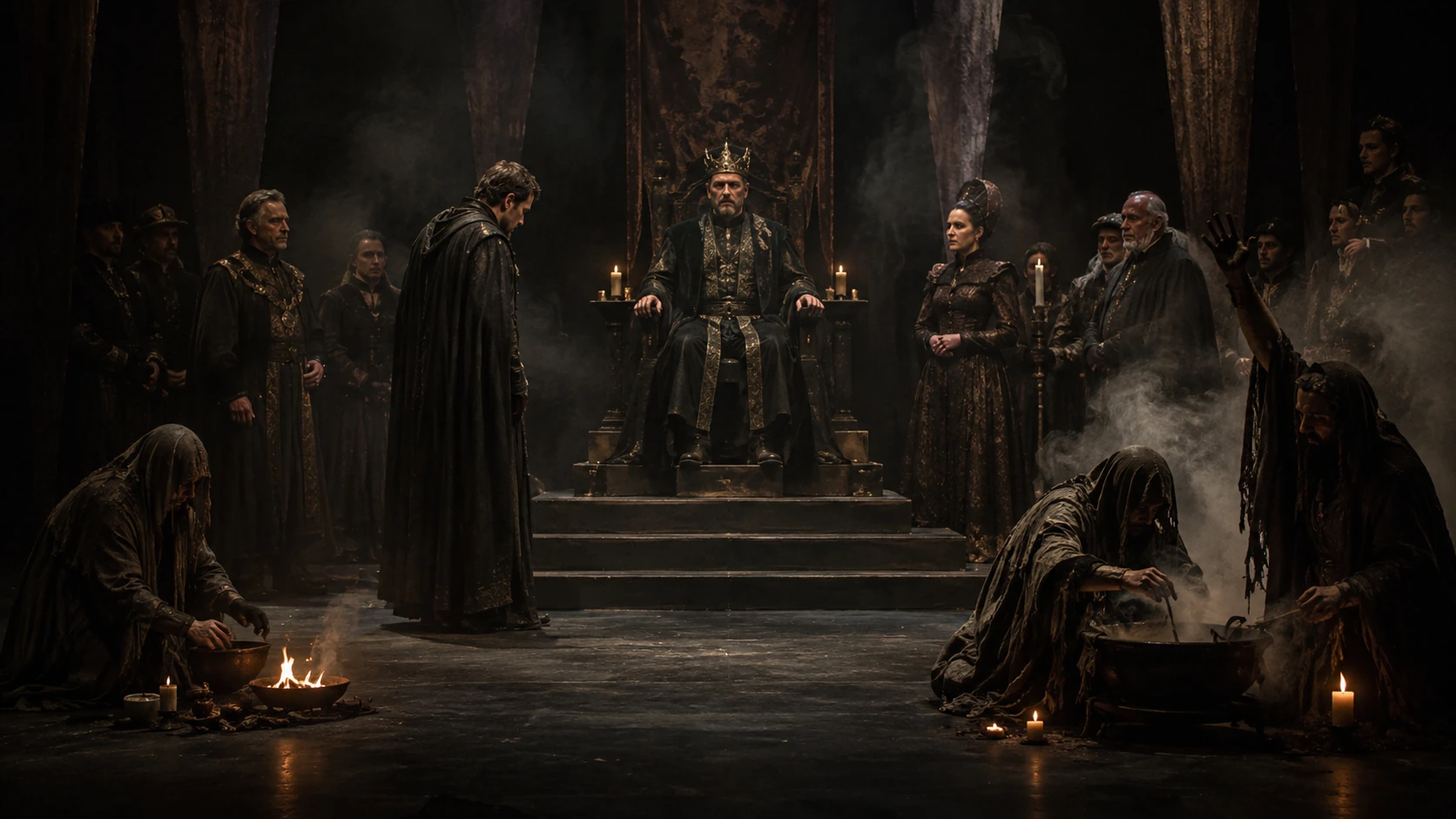A theatrical Jacobean context image combining a crowned ruler, a formal court and three threatening witch figures around ritual fires.