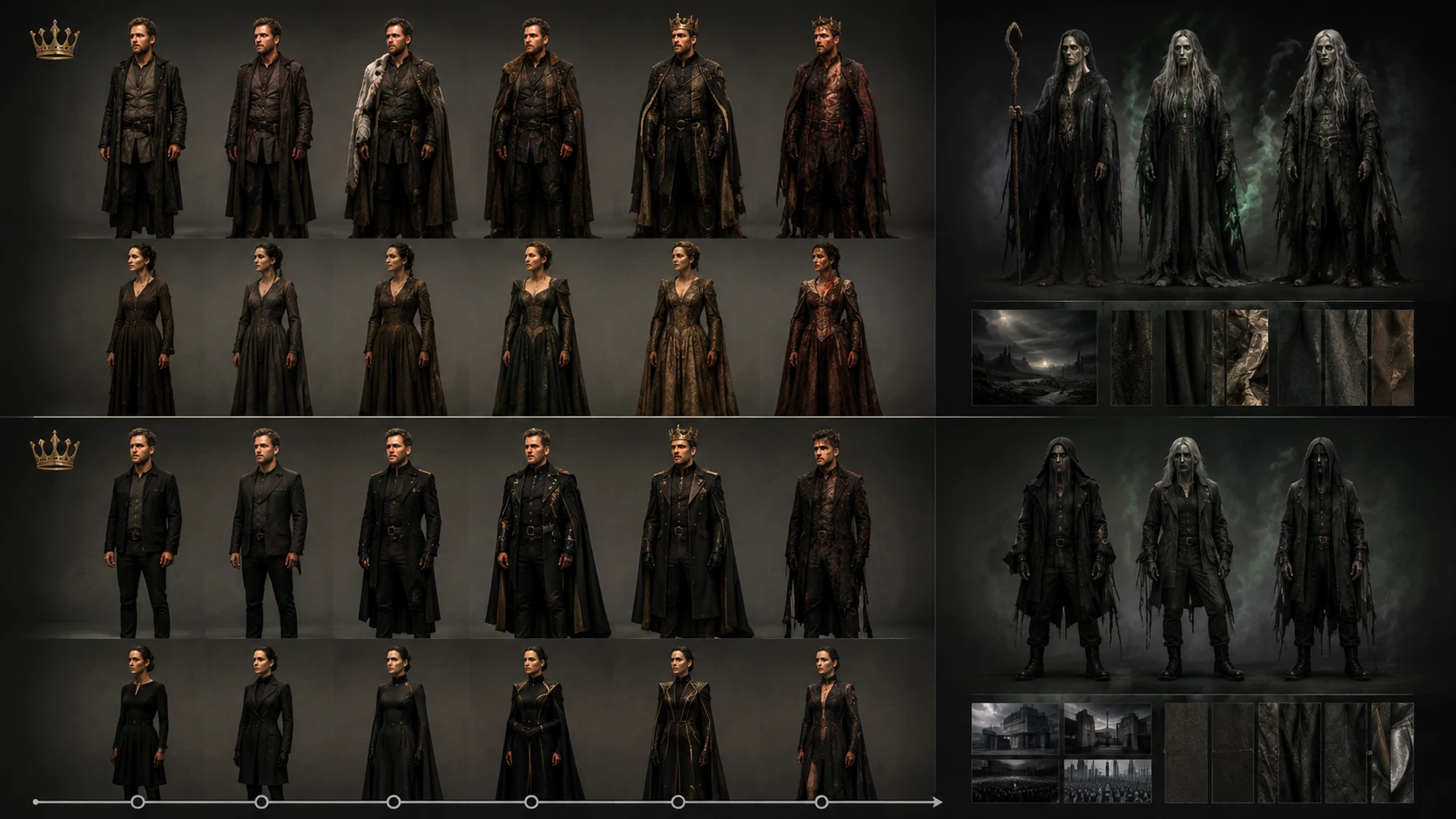 A costume concept board comparing period-inspired and contemporary costume journeys for Macbeth and Lady Macbeth, with contrasting Witch designs.