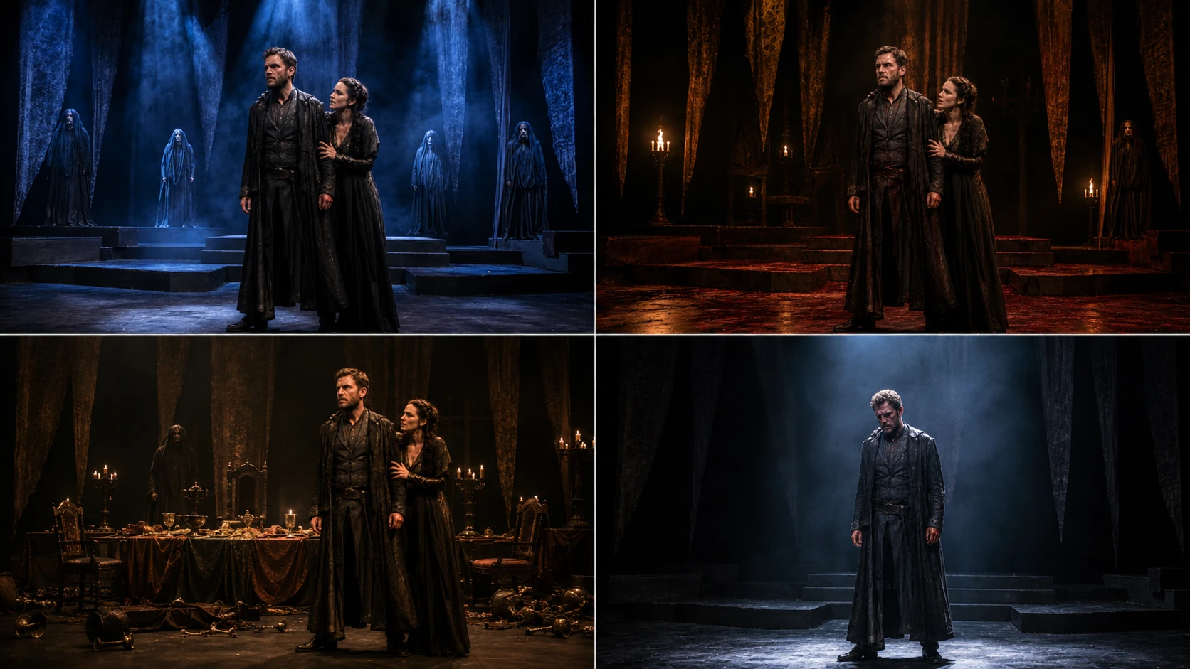 Four lighting states on the same Macbeth stage, using cold blue, warm amber, blood-red and an isolating white special.