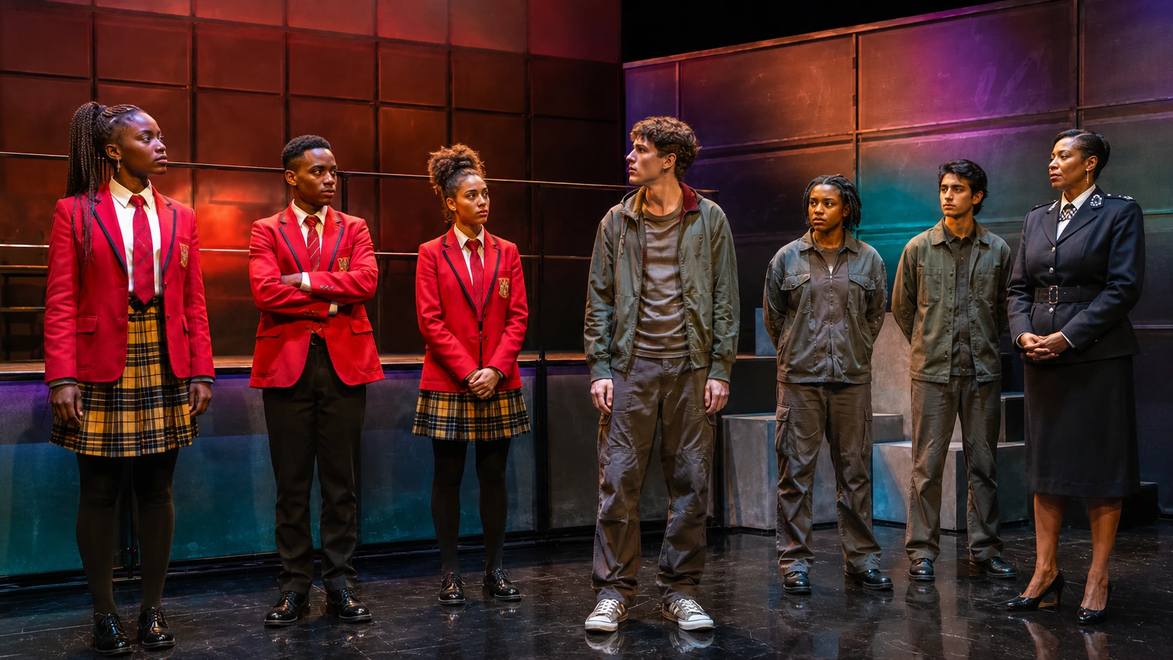 A live-theatre ensemble tableau showing the main social groups and character relationships in Noughts & Crosses.