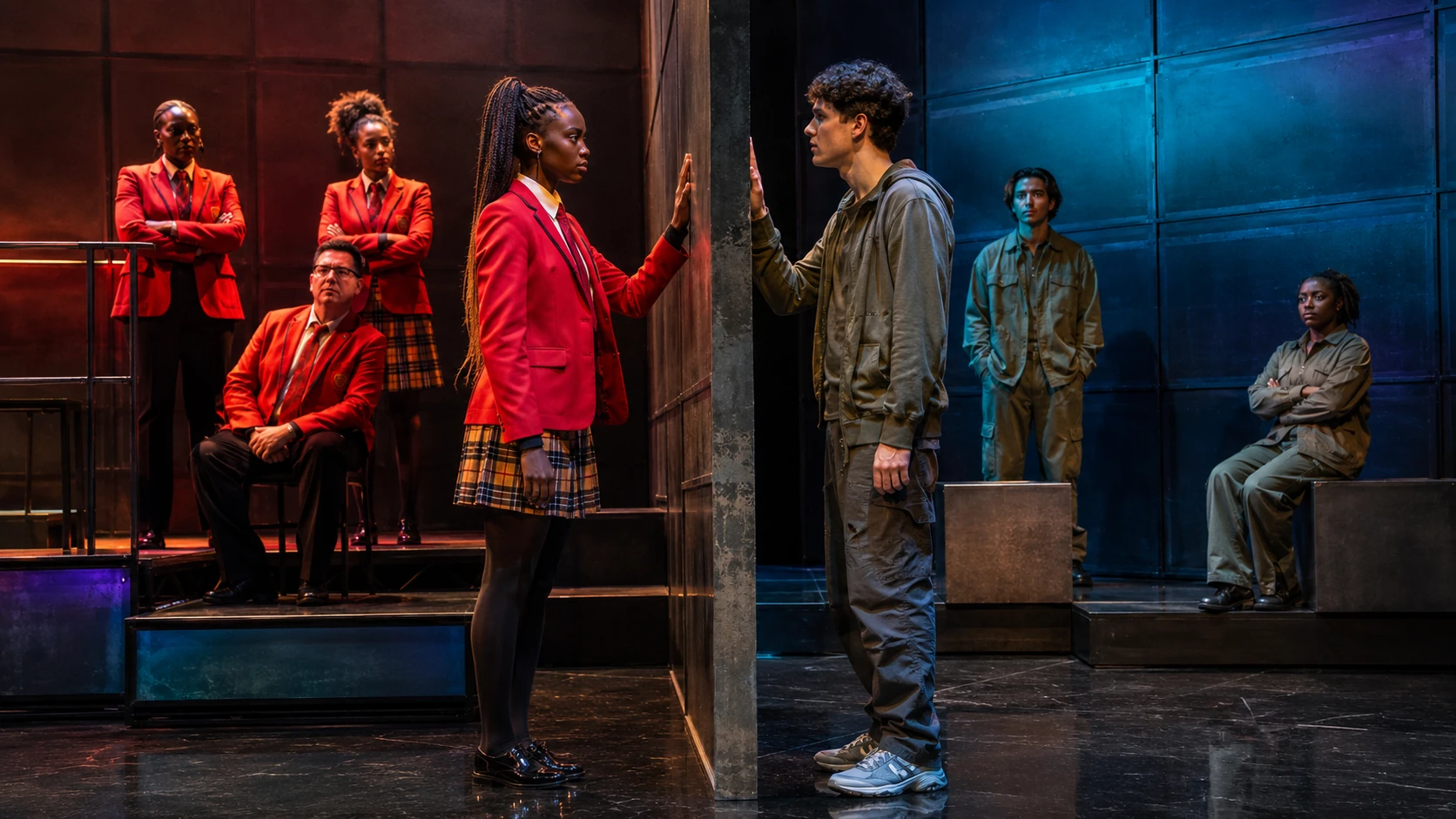 A live-theatre stage picture for the opening phase of Sephy and Callum’s journey.