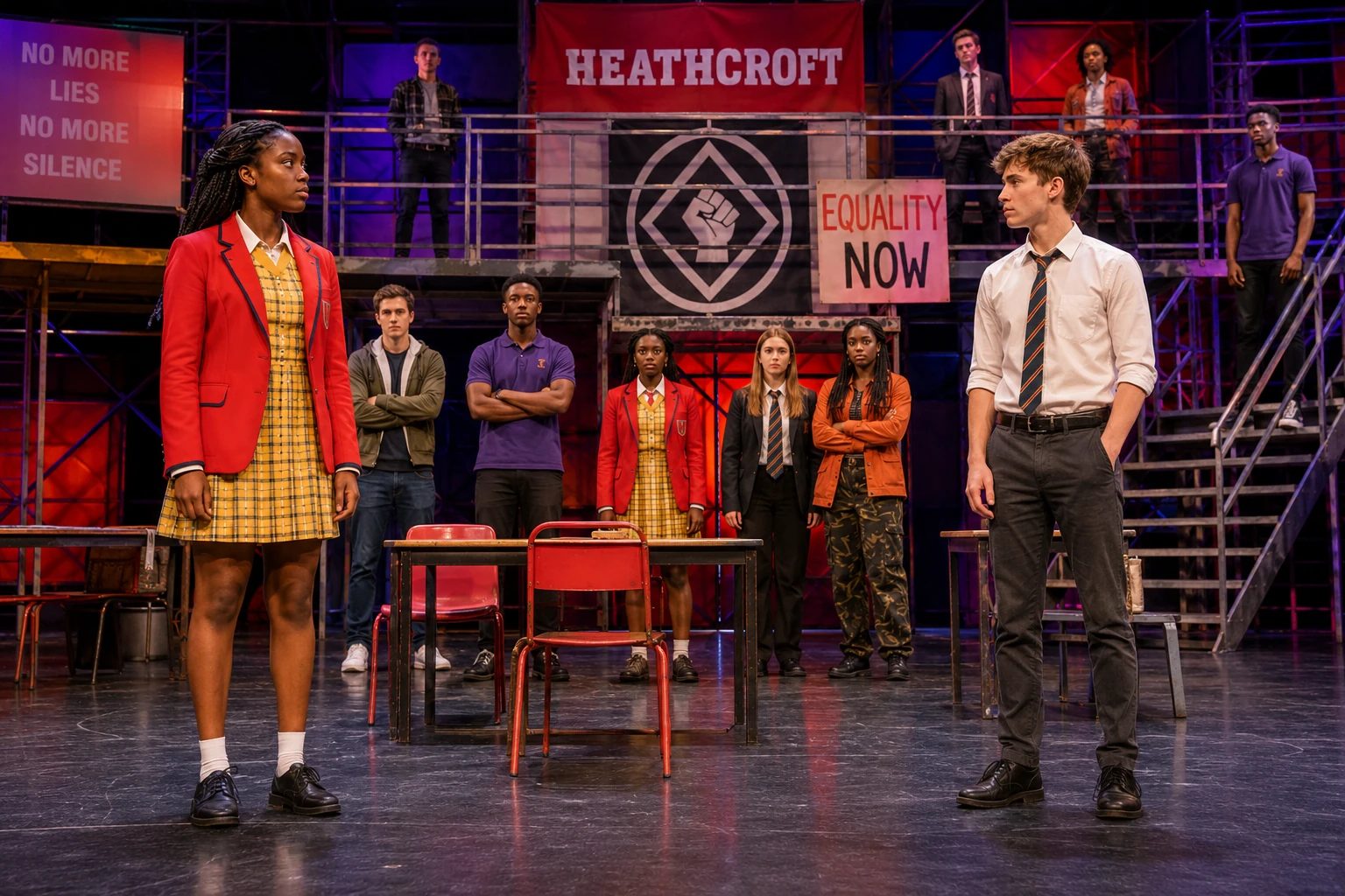 Sephy, a Black Cross student, and Callum, a white Nought student, facing one another on a brightly coloured contemporary theatre stage with modular scaffolding.