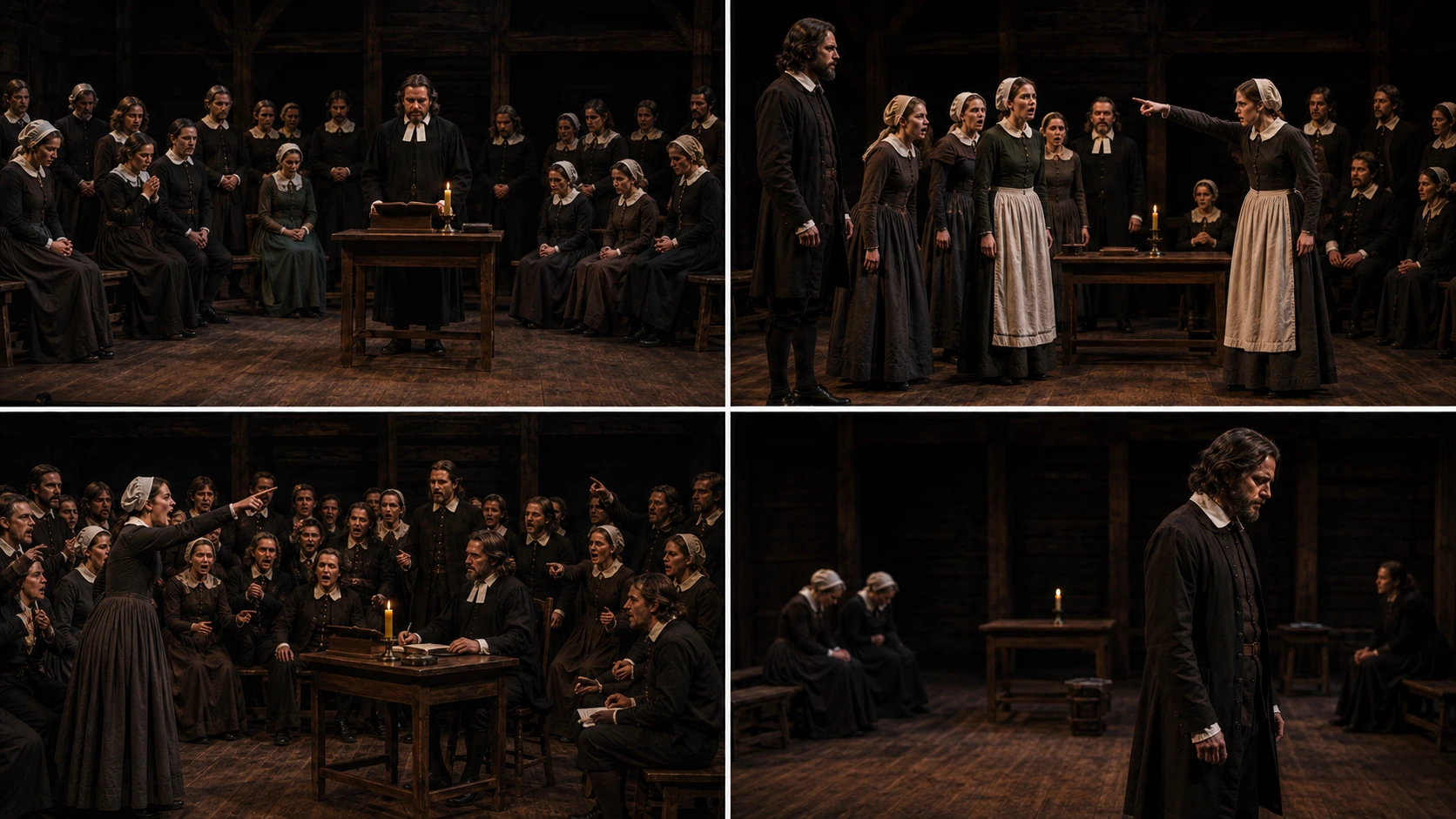 Four stage-play moments from The Crucible showing group pressure, public accusation, courtroom authority and private moral conflict.