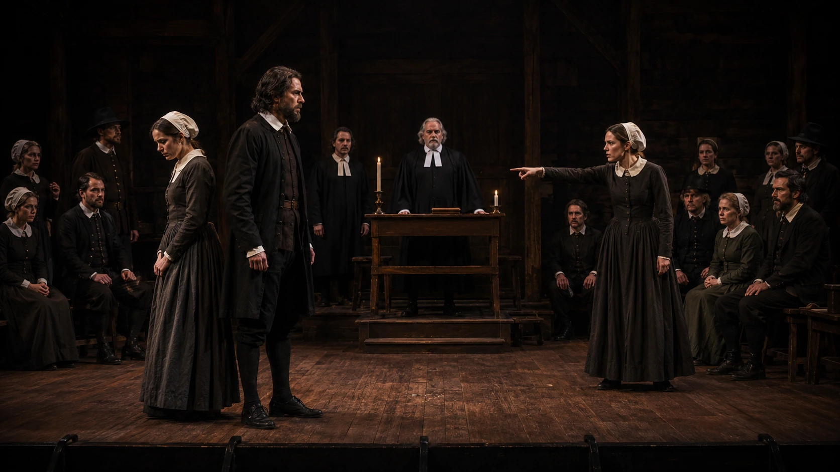 A Stark Drama teaching reconstruction of a Salem stage space with rough timber, benches, candlelight and a rigid ensemble arranged under pressure.