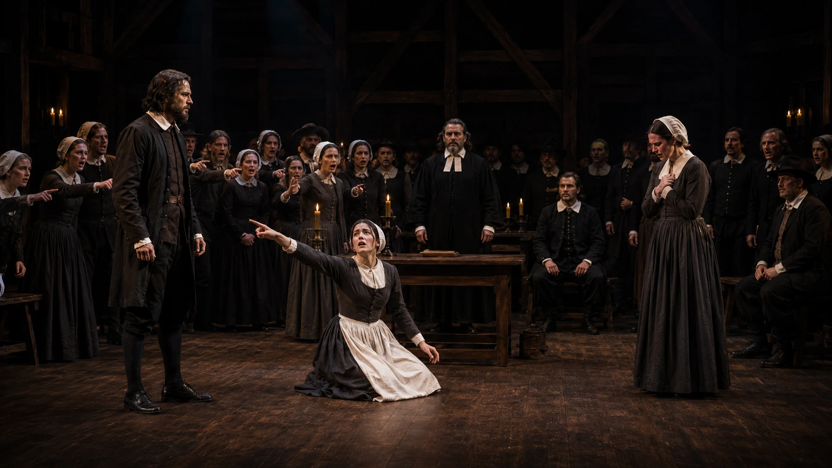 A stage-play image of Salem at the height of accusation, with public judgement, fear and authority visible in bodies and space.